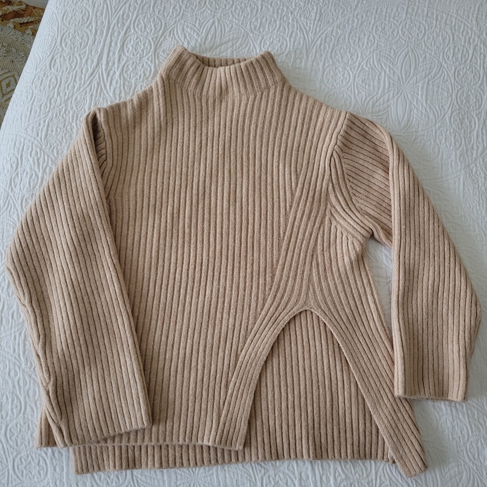 Mango Beige Side Slit Ribbed Turtleneck Sweater - Picture 2 of 5